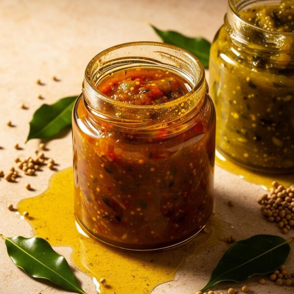Traditional homemade-style mango pickle crafted with raw mangoes, mustard oil, and whole spices. Sun-cured for rich flavor and naturally preserved with salt & mustard oil. No vinegar added.